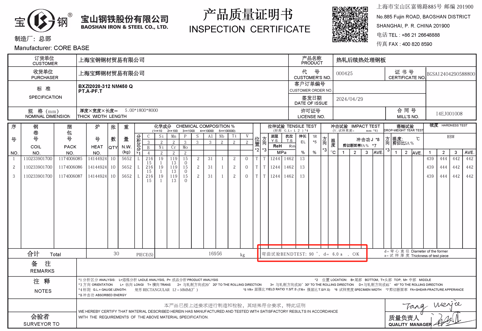 inspection certificate